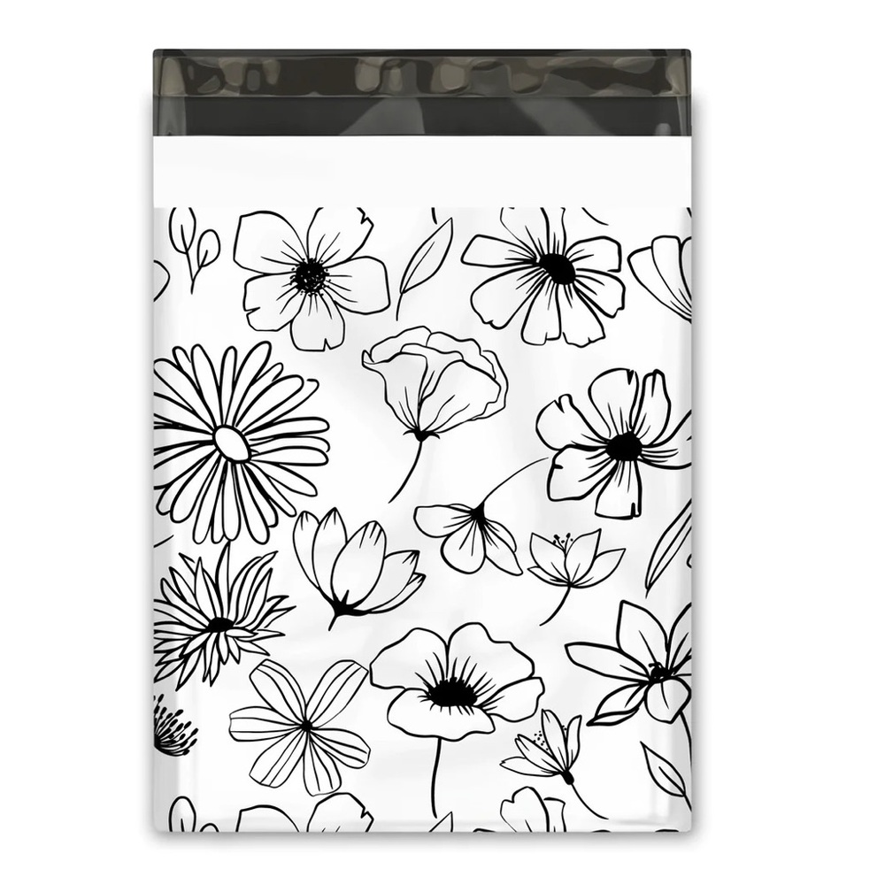 Black & White Sketched Floral Poly Mailer’s 10x13 Pack of 25 - Picture 2 of 7